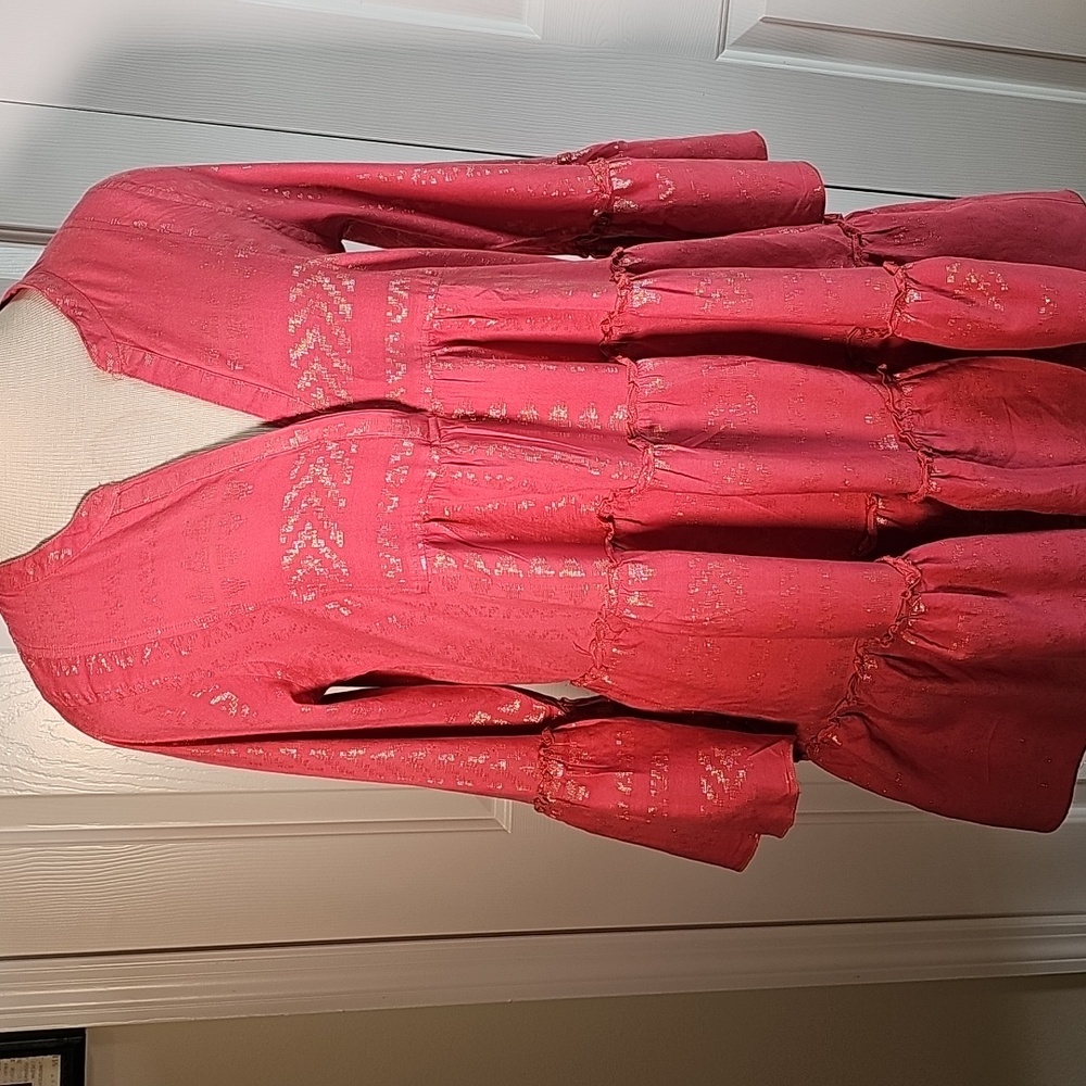 Pink Tiered Boho Dress. Size Meduim Flirty, Playful Layered Ruffles. Gold Thread